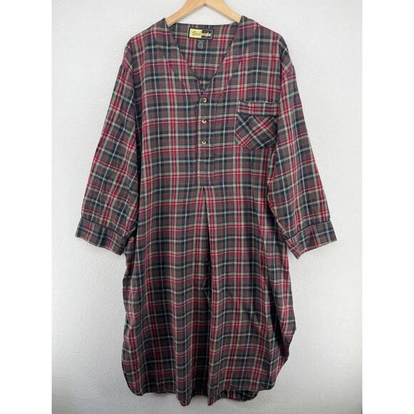 GOODNIGHT Nightshirt Mens L-XL Flannel Plaid Long Sleeve Pajama PJ Cotton Red - Picture 1 of 14